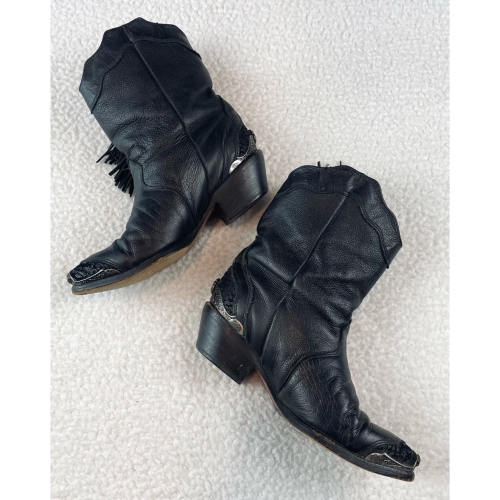 (VTG) ZODIAC • Black Genuine Leather Studded Fringe Western Cowboy Boots, 5.5 - Picture 2 of 16